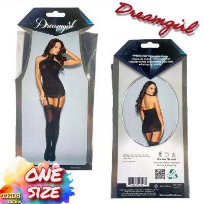 NWT Dreamgirl O/S Semi-Sheer Halter Garter Dress with Thigh High Stockings 0035